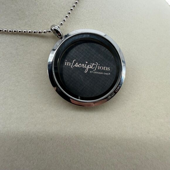 Origami Owl Hinged Locket Necklace 30" Crystal Face Inscription & 2 Charms READ - Picture 5 of 15
